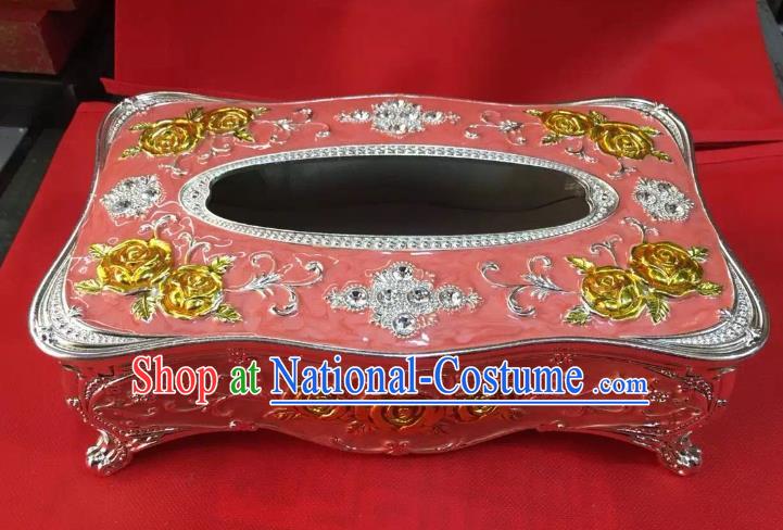 Traditional Handmade Chinese Mongol Nationality Crafts Pink Tissue Box, China Mongolian Minority Nationality Cloisonne Gilded Paper Holder