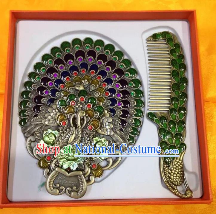 Traditional Handmade Chinese Mongol Nationality Crafts Deep Green Comb and Peacock Pocket Mirror, China Mongolian Minority Nationality Cloisonne Mirror for Women