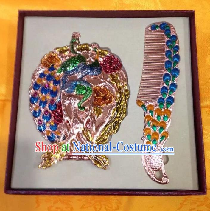 Traditional Handmade Chinese Mongol Nationality Crafts Blue Hair Comb and Peacock Pocket Mirror, China Mongolian Minority Nationality Cloisonne Mirror for Women