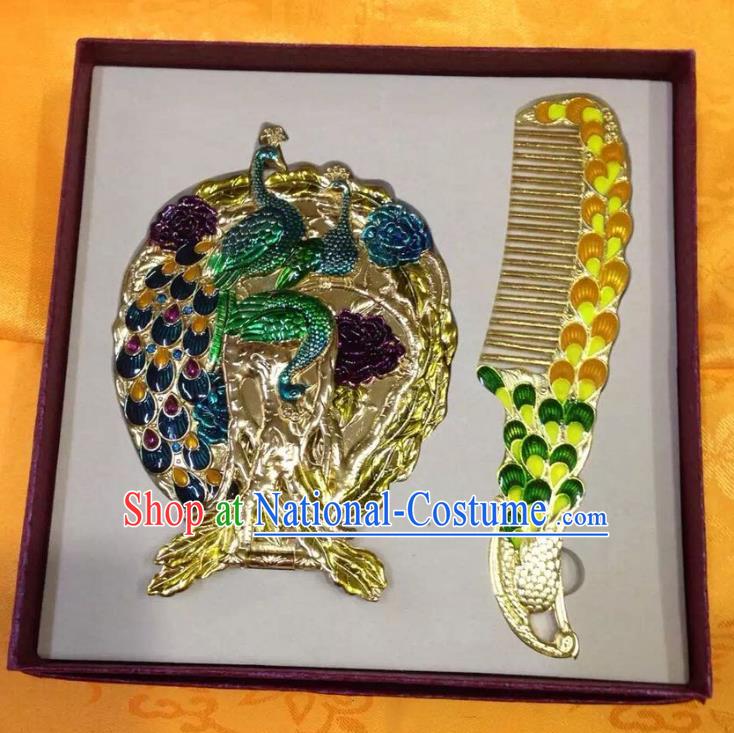 Traditional Handmade Chinese Mongol Nationality Crafts Yellow Hair Comb and Peacock Pocket Mirror, China Mongolian Minority Nationality Cloisonne Mirror for Women