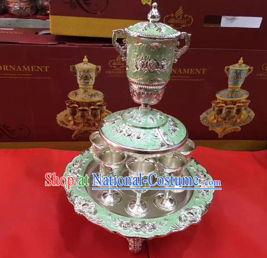 Traditional Handmade Chinese Mongol Nationality Crafts Light Green Wine Set, China Mongolian Minority Nationality Cloisonne Carving Flagon and Drinking Cup