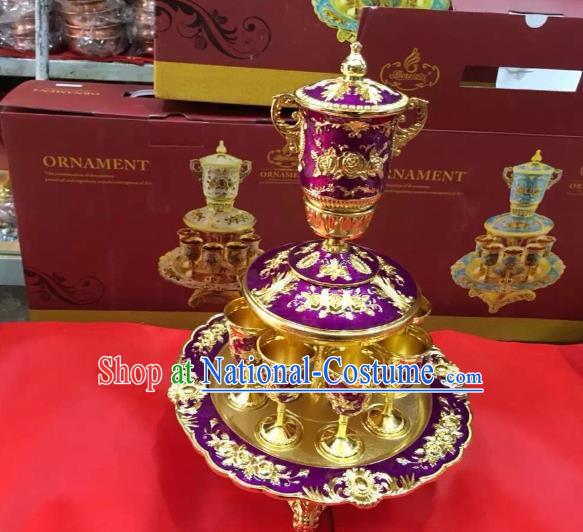 Traditional Handmade Chinese Mongol Nationality Crafts Purple Wine Set, China Mongolian Minority Nationality Cloisonne Carving Flagon and Drinking Cup