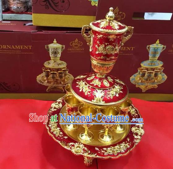 Traditional Handmade Chinese Mongol Nationality Crafts Red Wine Set, China Mongolian Minority Nationality Cloisonne Carving Flagon and Drinking Cup