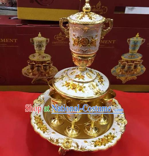 Traditional Handmade Chinese Mongol Nationality Crafts White Wine Set, China Mongolian Minority Nationality Cloisonne Carving Flagon and Drinking Cup