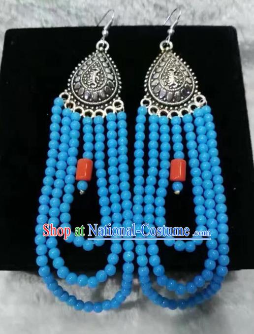 Traditional Handmade Chinese Mongol Nationality Crafts Earrings, China Mongolian Minority Nationality Accessories Blue Beads Eardrop for Women