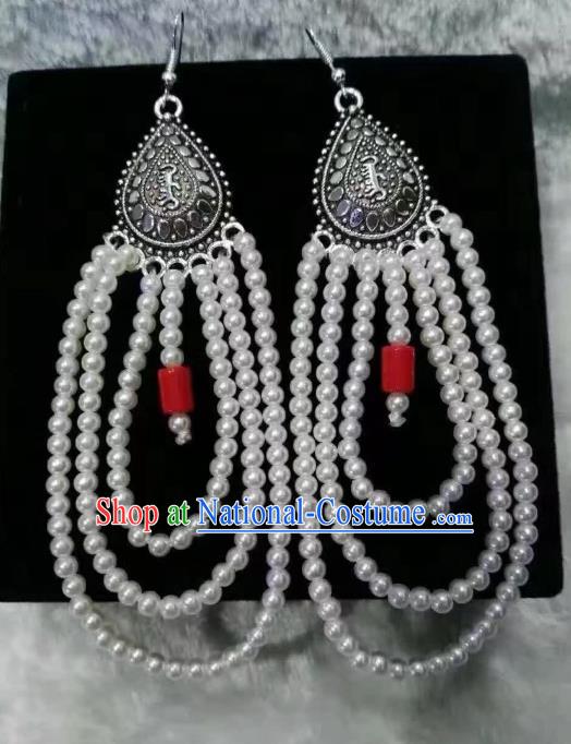 Traditional Handmade Chinese Mongol Nationality Crafts Earrings, China Mongolian Minority Nationality Accessories White Beads Eardrop for Women