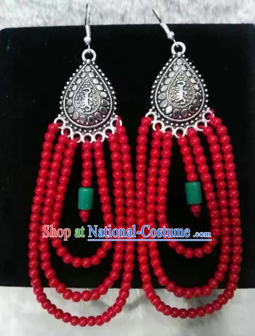 Traditional Handmade Chinese Mongol Nationality Crafts Earrings, China Mongolian Minority Nationality Accessories Red Beads Eardrop for Women