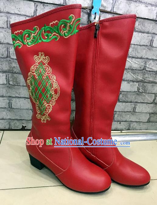 Traditional Chinese Minority Mongol Nationality Dance Shoes, Ethnic Minorities Mongolian Wedding Boots Red Embroidery Boots for Women