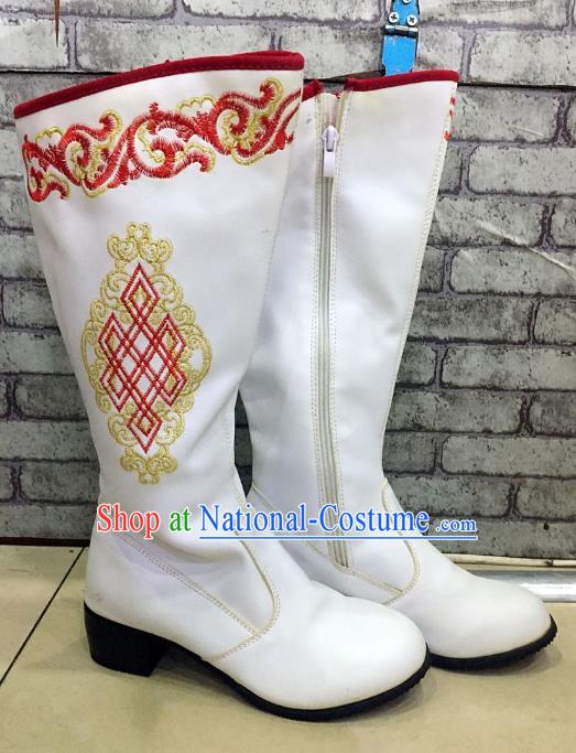 Traditional Chinese Minority Mongol Nationality Dance Shoes, Ethnic Minorities Mongolian Wedding Boots White Embroidery Boots for Women