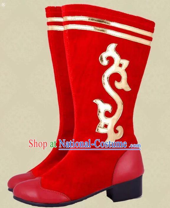 Traditional Chinese Minority Mongol Nationality Dance Red Shoes, Ethnic Minorities Mongolian Wedding Boots Embroidery Boots for Women