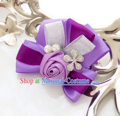 Top Grade Classical Wedding Pearl Purple Silk Flowers,Groom Emulational Corsage Groomsman Crystal Brooch Flowers for Women