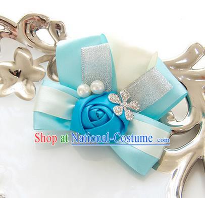 Top Grade Classical Wedding Pearl Blue Silk Flowers,Groom Emulational Corsage Groomsman Crystal Brooch Flowers for Women