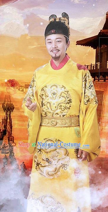 Traditional Ancient Chinese Imperial Emperor Costume and Headpiece Complete Set, Chinese Ming Dynasty Majesty Imperial Robe Embroidered Dragon Clothing