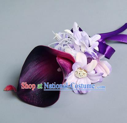 Top Grade Classical Wedding Purple Silk Common Callalily Flowers,Groom Emulational Corsage Groomsman Brooch Flowers for Men