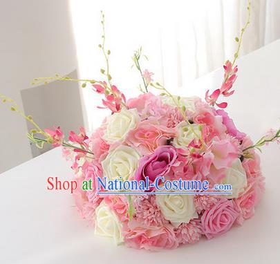 Top Grade Classical Wedding White and Pink Flowers, Bride Holding Emulational Flowers, Hand Tied Bouquet Flowers for Women