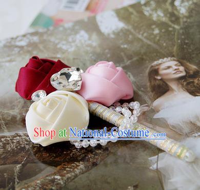 Top Grade Classical Wedding Pink and White Red Ribbon Flowers Brooch,Groom Emulational Corsage Groomsman Crystal Brooch Flowers for Men