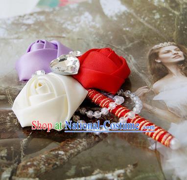 Top Grade Classical Wedding Purple and White Red Ribbon Flowers Brooch,Groom Emulational Corsage Groomsman Crystal Brooch Flowers for Men