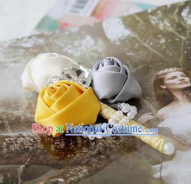 Top Grade Classical Wedding Grey and White Yellow Ribbon Flowers Brooch,Groom Emulational Corsage Groomsman Crystal Brooch Flowers for Men