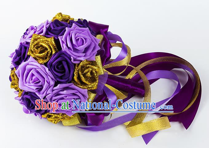 Top Grade Classical Wedding Bride Purple Rose Flowers Holding Emulational Flowers Ball, Hand Tied Bouquet Flowers for Women