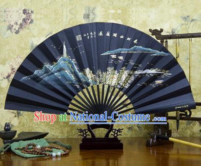 Traditional Chinese Crafts Ebonize Folding Fan, China Sensu Landscape Painting Calligraphy Silk Fan Hanfu Fans for Men