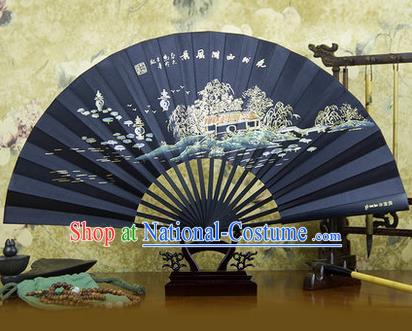 Traditional Chinese Crafts Ebonize Folding Fan, China Sensu Landscape Painting Calligraphy Silk Fan Hanfu Fans for Men