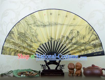 Traditional Chinese Crafts Ebonize Folding Fan, China Sensu Landscape Ink Painting Silk Fan Hanfu Fans for Men