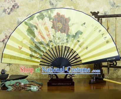 Traditional Chinese Crafts Ebonize Folding Fan, China Sensu Ink Painting Peony Silk Fan Hanfu Fans for Men