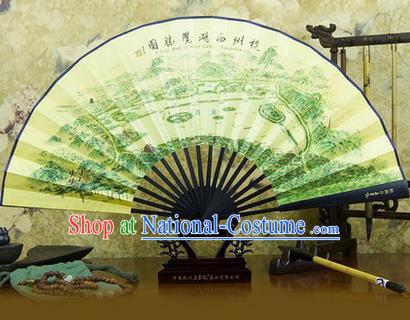 Traditional Chinese Crafts Ebonize Folding Fan, China Sensu Ink Painting Hangzhou Scenery Silk Fan Hanfu Fans for Men