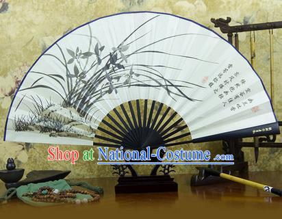 Traditional Chinese Crafts Ebonize Folding Fan, China Sensu Ink Painting Orchid Silk Fan Hanfu Fans for Men