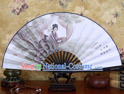 Traditional Chinese Crafts Ebonize Folding Fan, China Sensu Ink Painting Beauty Silk Fan Hanfu Fans for Men