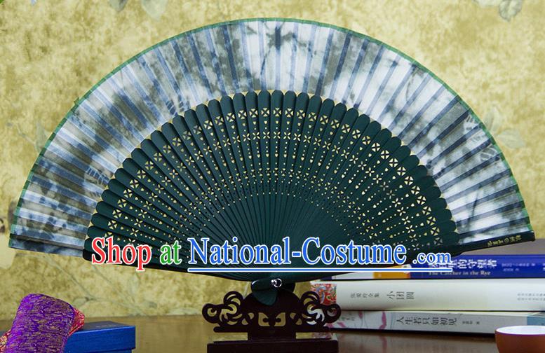 Traditional Chinese Handmade Crafts Green Folding Fan, China Sensu Ink Painting Silk Fan Hanfu Fans for Women