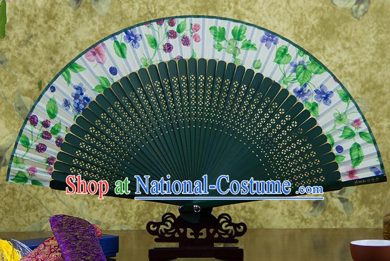 Traditional Chinese Handmade Crafts Green Folding Fan, China Sensu Ink Painting Flowers Silk Fan Hanfu Fans for Women