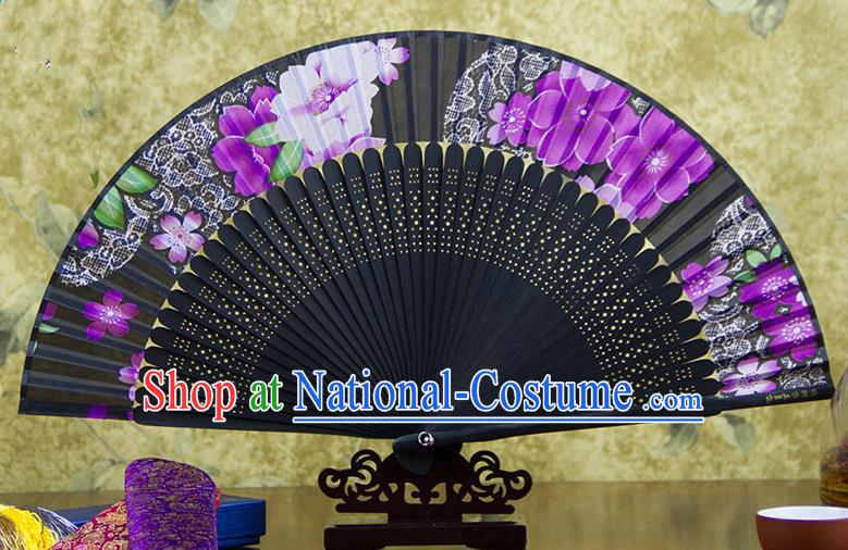 Traditional Chinese Handmade Crafts Folding Fan, China Sensu Ink Painting Purple Flowers Silk Fan Hanfu Fans for Women