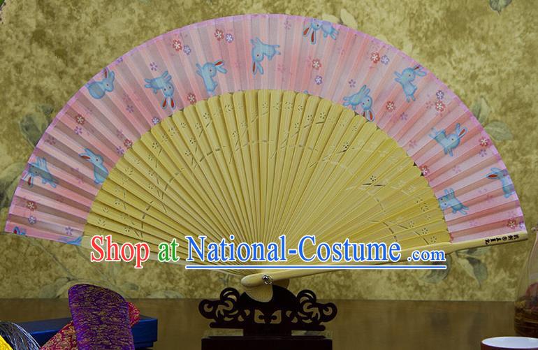 Traditional Chinese Handmade Crafts Pink Folding Fan, China Sensu Printing Rabbits Silk Fan Hanfu Fans for Women