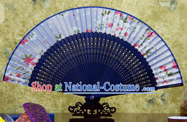 Traditional Chinese Handmade Crafts Blue Folding Fan, China Sensu Printing Flowers Silk Fan Hanfu Fans for Women