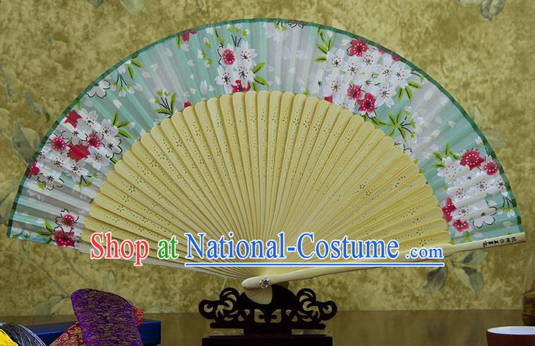 Traditional Chinese Handmade Crafts Green Folding Fan, China Sensu Printing Flowers Silk Fan Hanfu Fans for Women