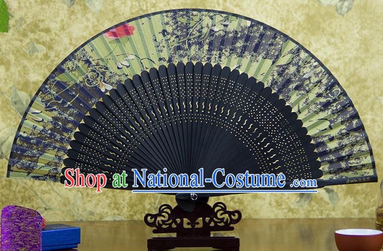 Traditional Chinese Handmade Crafts Black Folding Fan, China Sensu Printing Flowers Silk Fan Hanfu Fans for Women