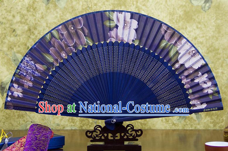 Traditional Chinese Handmade Crafts Blue Folding Fan, China Sensu Printing Flowers Silk Fan Hanfu Fans for Women