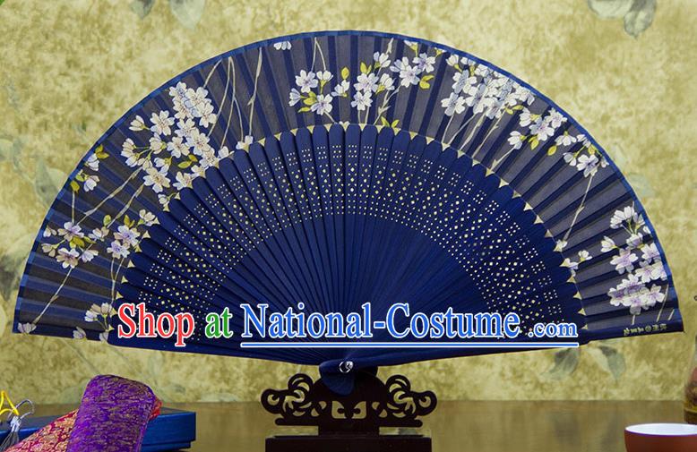 Traditional Chinese Handmade Crafts Blue Folding Fan, China Sensu Printing Flowers Silk Fan Hanfu Fans for Women