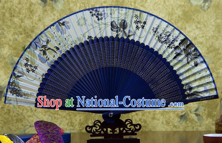 Traditional Chinese Handmade Crafts Royalblue Folding Fan, China Sensu Printing Flowers Silk Fan Hanfu Fans for Women