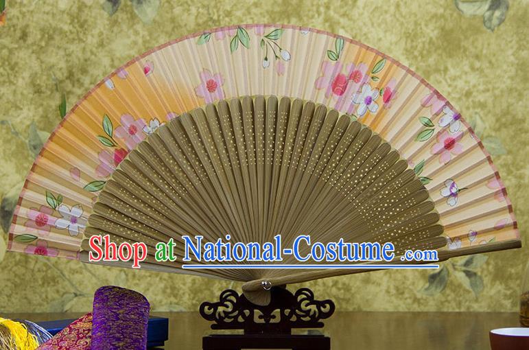 Traditional Chinese Handmade Crafts Orange Folding Fan, China Sensu Printing Flowers Silk Fan Hanfu Fans for Women