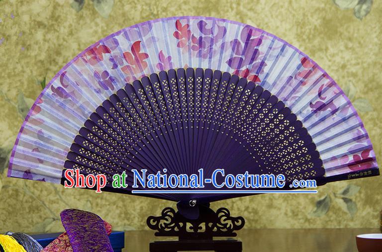 Traditional Chinese Handmade Crafts Purple Folding Fan, China Sensu Printing Flowers Silk Fan Hanfu Fans for Women