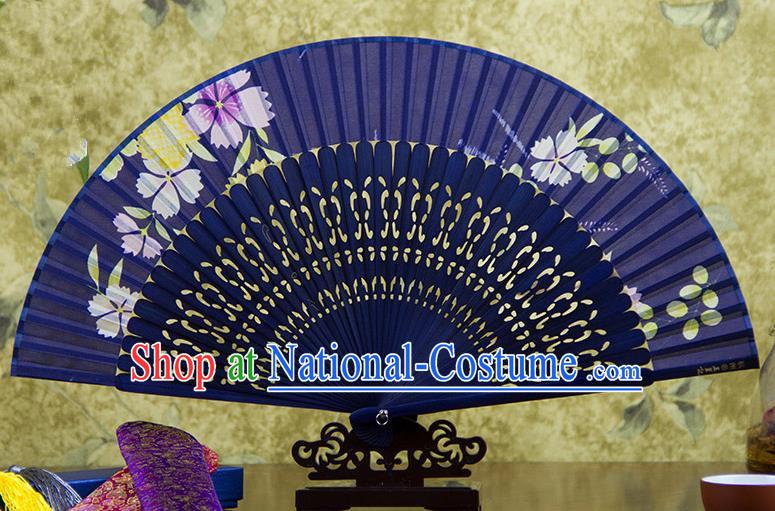 Traditional Chinese Handmade Crafts Deep Purple Folding Fan, China Sensu Printing Flowers Silk Fan Hanfu Fans for Women