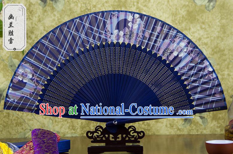 Traditional Chinese Handmade Crafts Royalblue Folding Fan, China Sensu Printing Flowers Silk Fan Hanfu Fans for Women