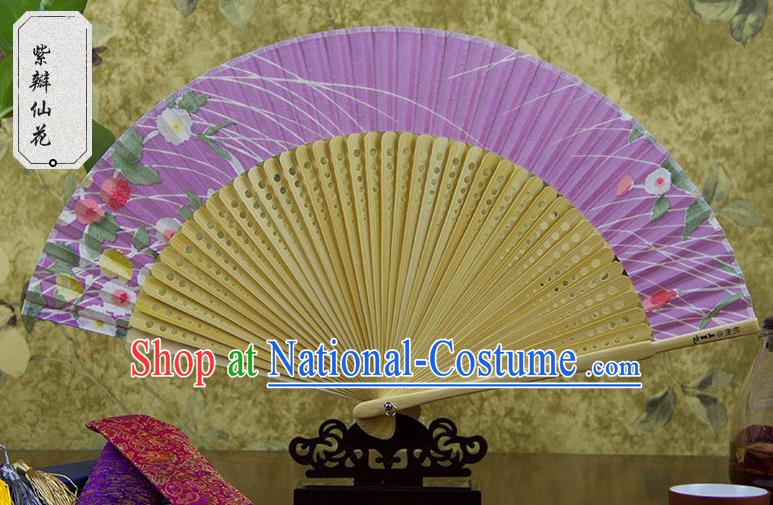 Traditional Chinese Handmade Crafts Lilac Folding Fan, China Sensu Printing Flowers Silk Fan Hanfu Fans for Women