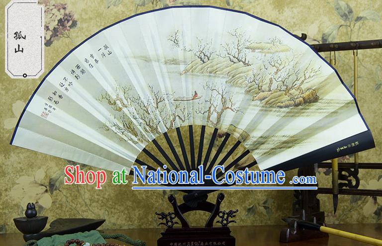 Traditional Chinese Handmade Crafts Ebonize Folding Fan, China Sensu Landscape Painting Silk Fan Hanfu Fans for Men