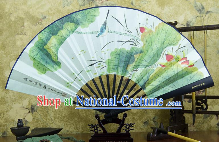 Traditional Chinese Handmade Crafts Ebonize Folding Fan, China Sensu Painting Lotus Silk Fan Hanfu Fans for Men