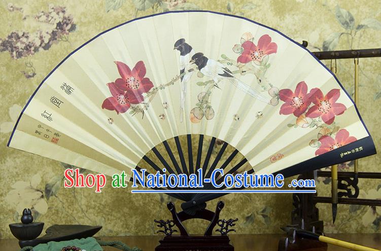 Traditional Chinese Handmade Crafts Ebonize Folding Fan, China Sensu Painting Magpie Wintersweet Silk Fan Hanfu Fans for Men