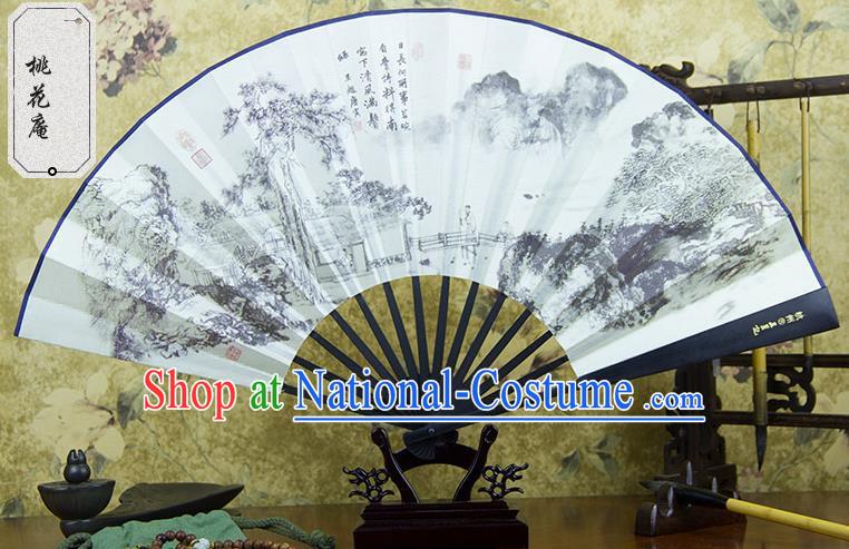 Traditional Chinese Handmade Crafts Ebonize Folding Fan, China Sensu Painting Peach Blossom Silk Fan Hanfu Fans for Men