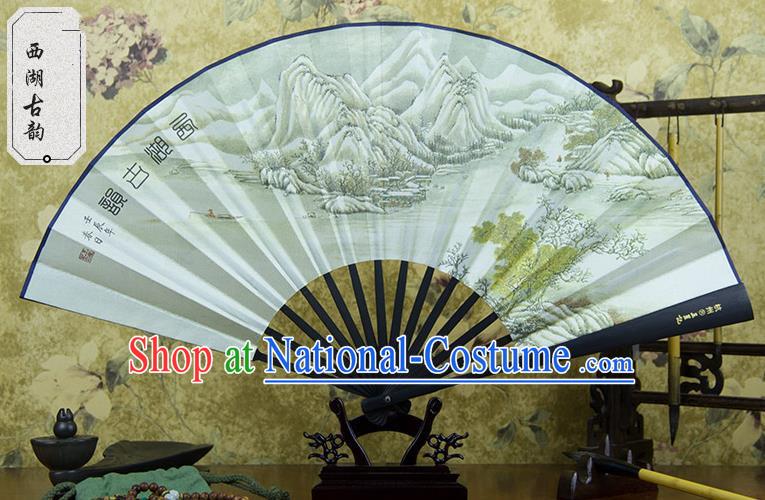 Traditional Chinese Handmade Crafts Ebonize Folding Fan, China Sensu Painting Hangzhou View Silk Fan Hanfu Fans for Men